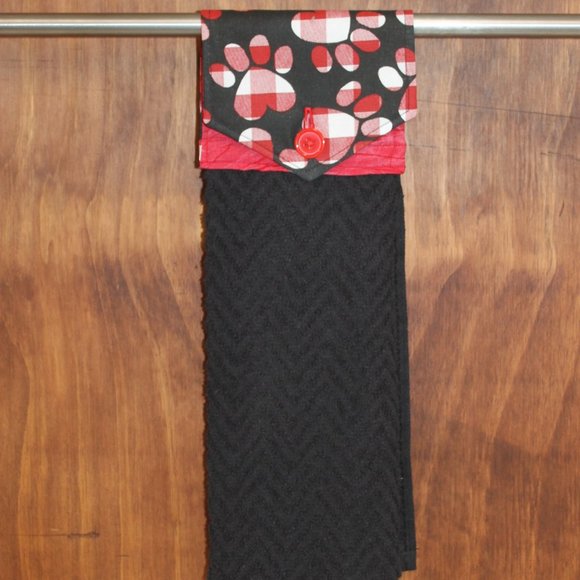 DOG PAW PRINT BLACK & RED BUFFALO CHECK HANDMADE HANGING KITCHEN BLACK HANDTOWEL - Picture 4 of 4